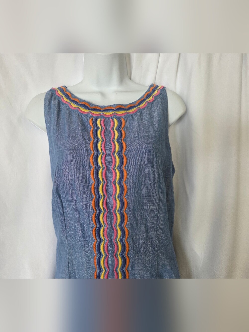 Talbots Blue Sleeveless Linen Blend Midi Multicolor Scalloped Trim. Size 10 - Picture 3 of 7